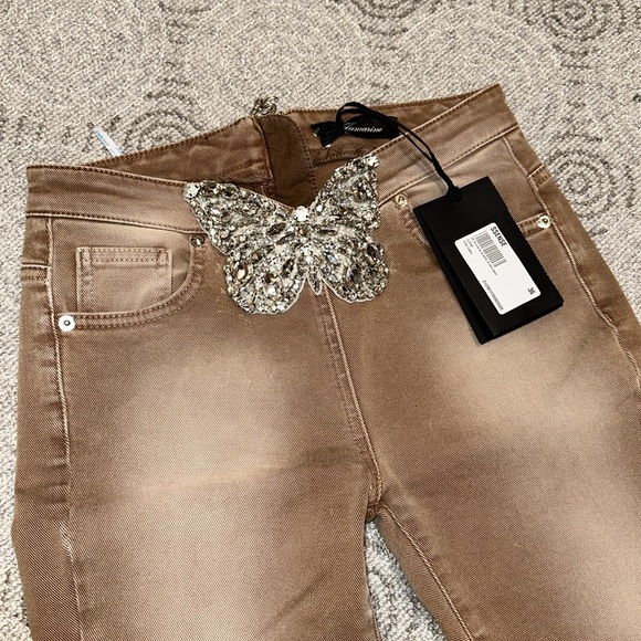 BLUMARINE runway Tan Butterfly Buckle Jeans Rhinestone rare 36 XS Small - Picture 1 of 11